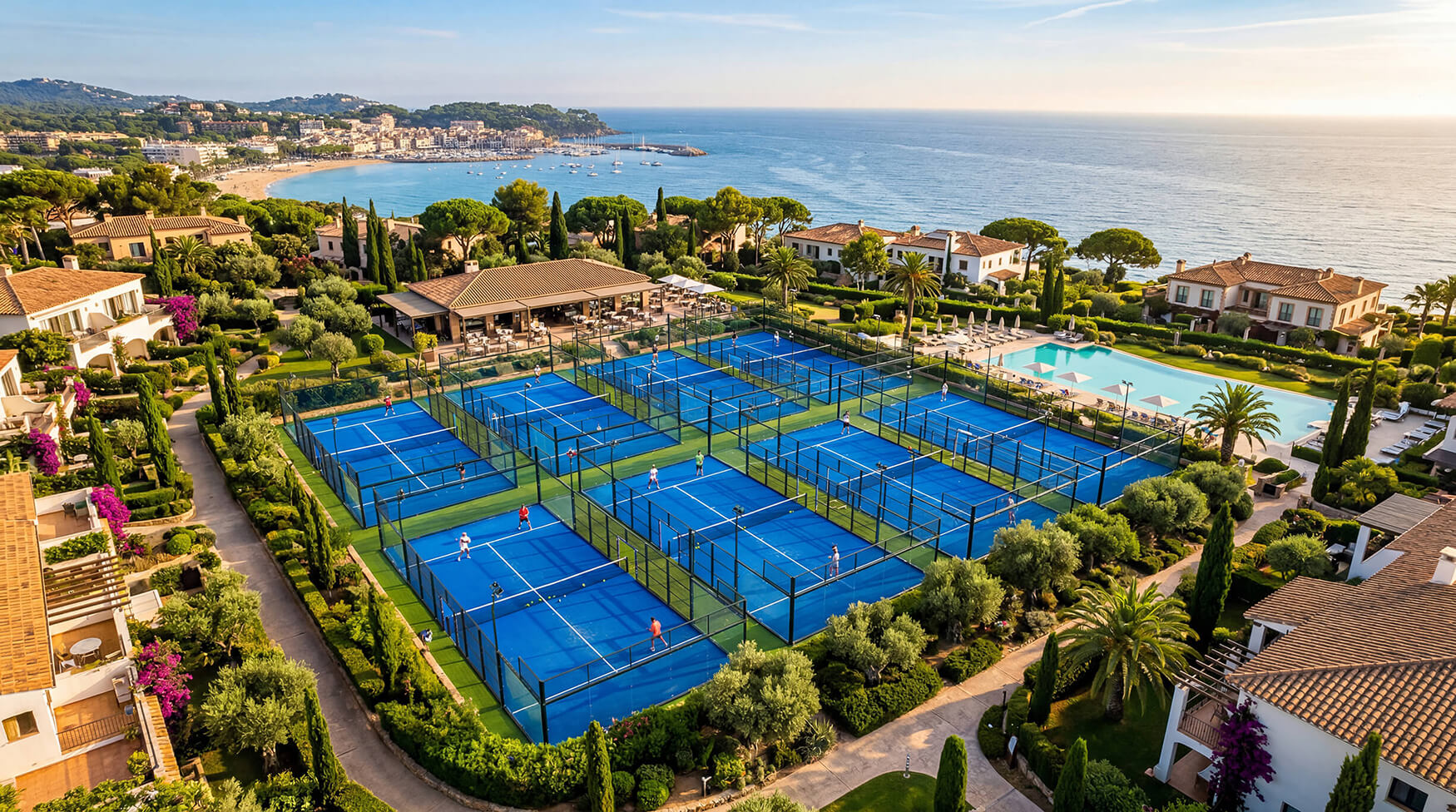 Aerial view of padel courts at a coastal resort